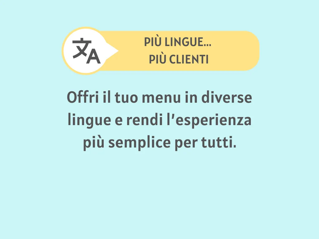Illustrazione che promuove i menu digitali multilingue con la frase “Offri il tuo menu in diverse lingue e rendi l’esperienza più semplice per tutti”.