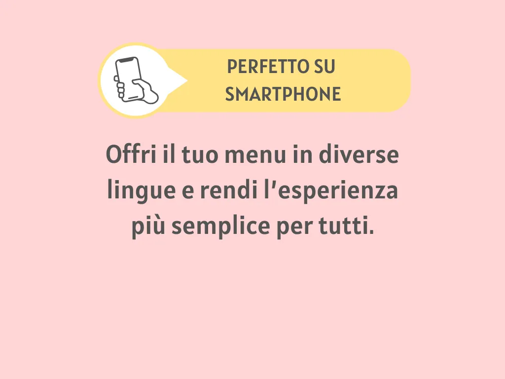 Grafica che mostra la frase “Perfetto su smartphone” e invita a offrire il menu digitale in diverse lingue per semplificare l’esperienza dei clienti.