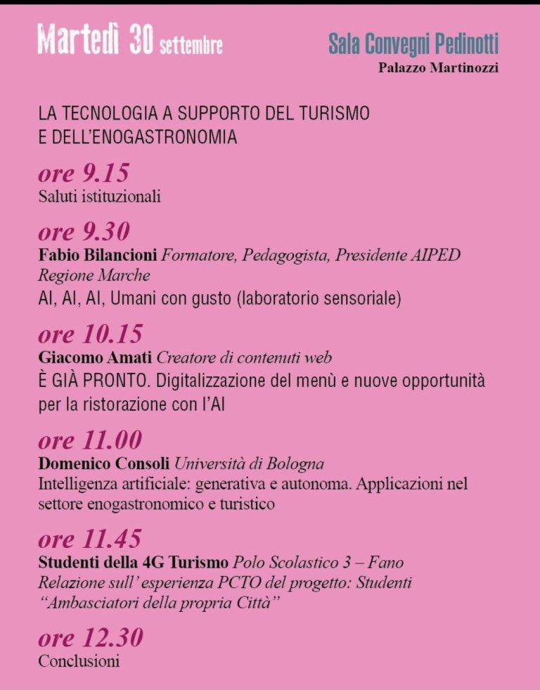 Locandina dell’evento “La tecnologia a supporto del turismo e dell’enogastronomia” del 30 settembre presso la Sala Convegni Pedinotti