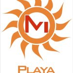 Logo Playa Mauritius con sole stilizzato arancione e lettera M rossa al centro.